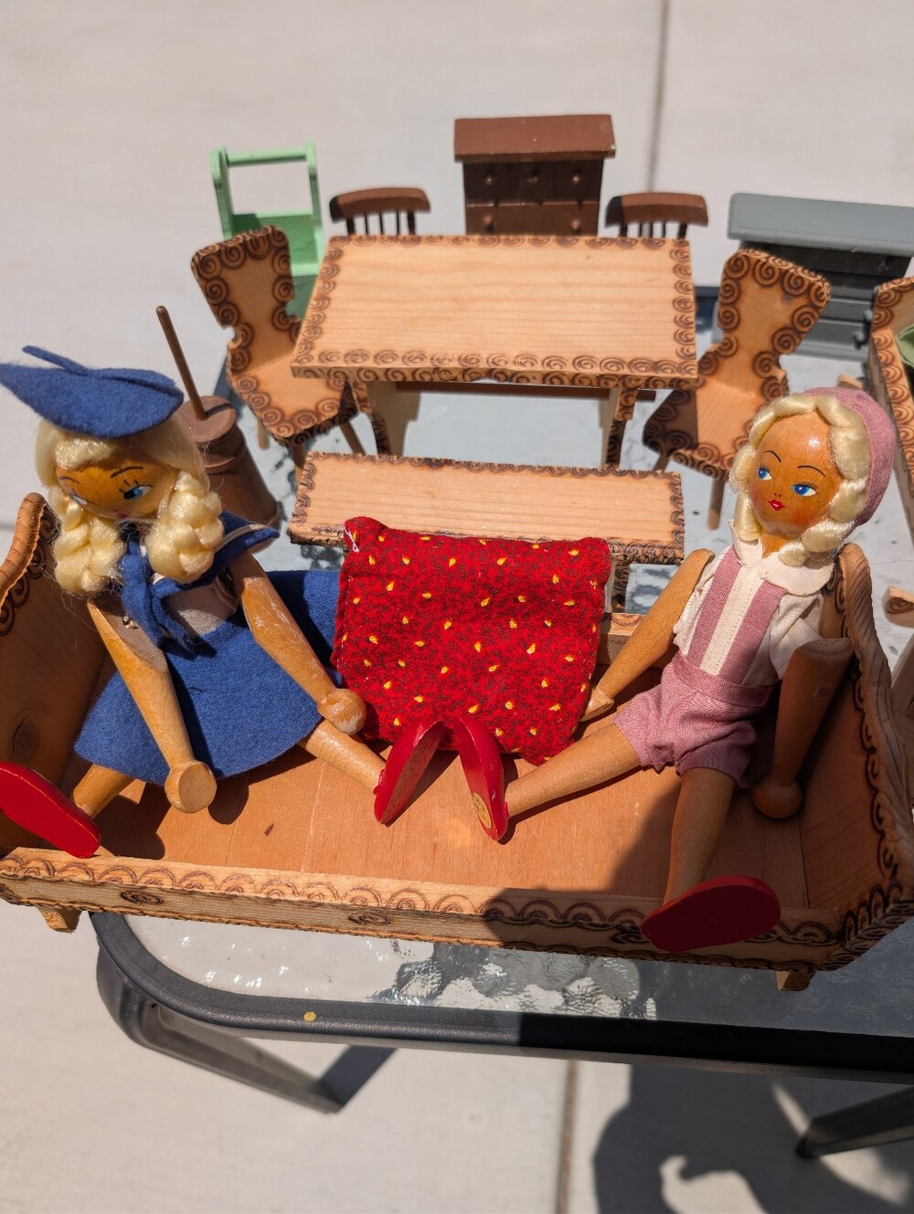 Vintage Wooden Doll Sofa Set with Two Blonde Dolls and Red Pillow